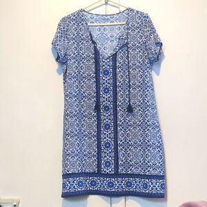 LANDS END Shift Dress Sz M 10 12 Short Sleeve Blue White Flower design tassel